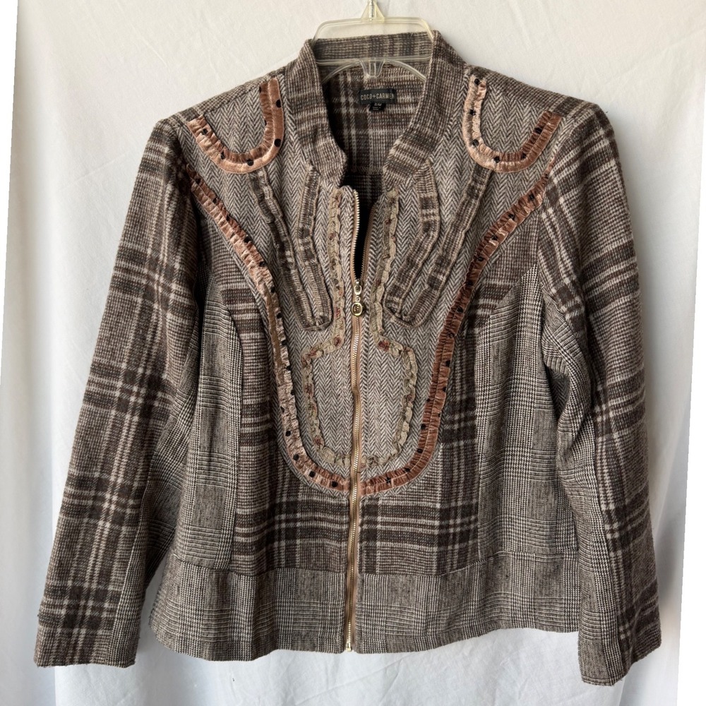 COCO+CARMEN Zip Jacket Brown Plaid Herringbone Velvet Trim Fall Eclectic S/M
